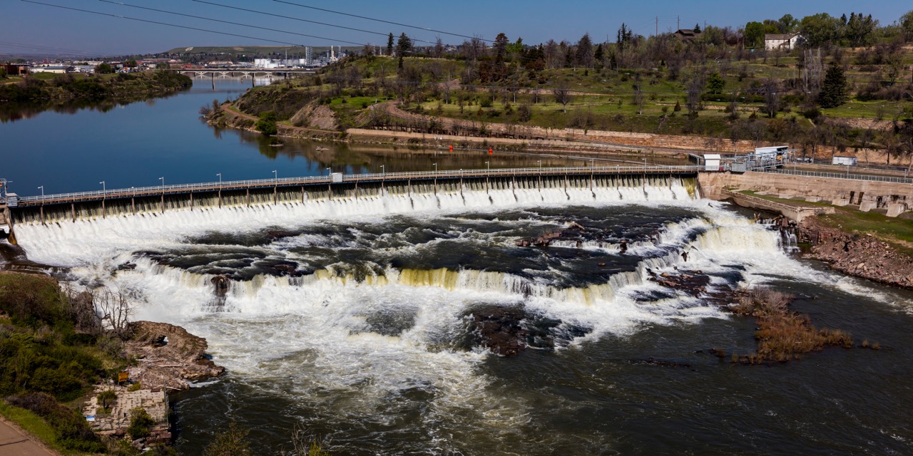 MAY 23, 2019, GREAT FALLS, MT., USA - Black Eagle Dam of the Great Falls of the Missouri River, Great Falls, Montana