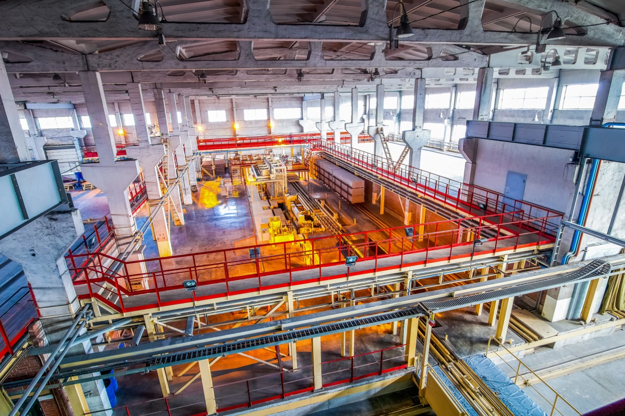 New bright  production facilities  at factory producing blocks view from above