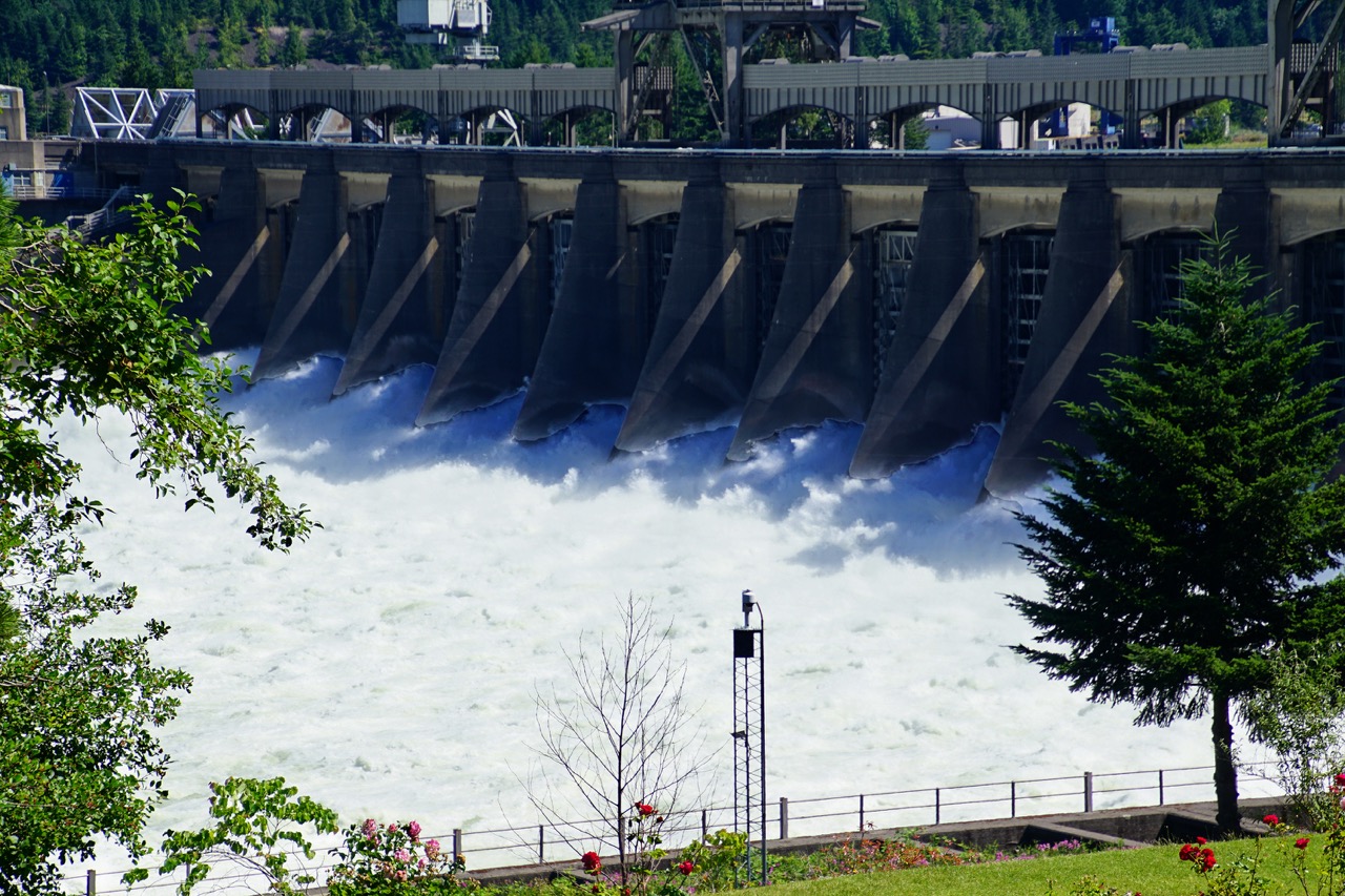 Water spills through the turbines of the  Bonneville Dam on the Columbia River in  Oregon