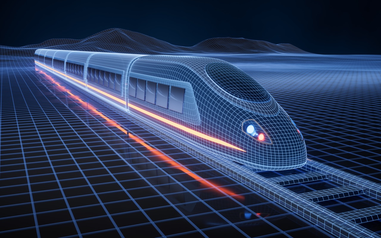 Digital high speed railway bullet train, 3d rendering. Digital drawing.