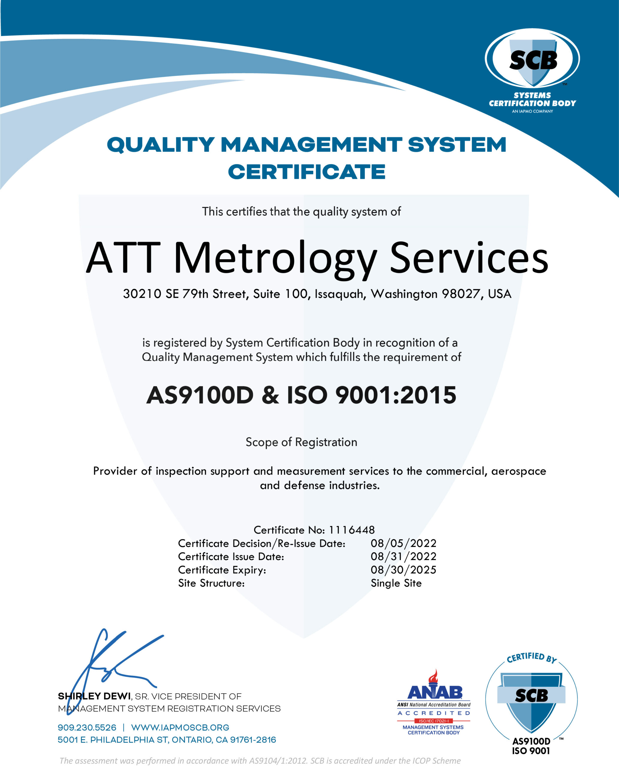 ATT Metrology Services AS9100D Certificate 2022(R)